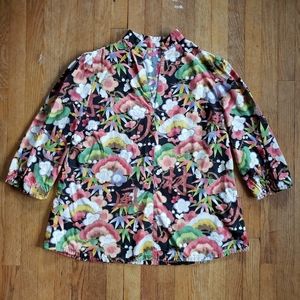 Vintage floral Asian motif v-neck colorful floral fan leaves tunic size XL